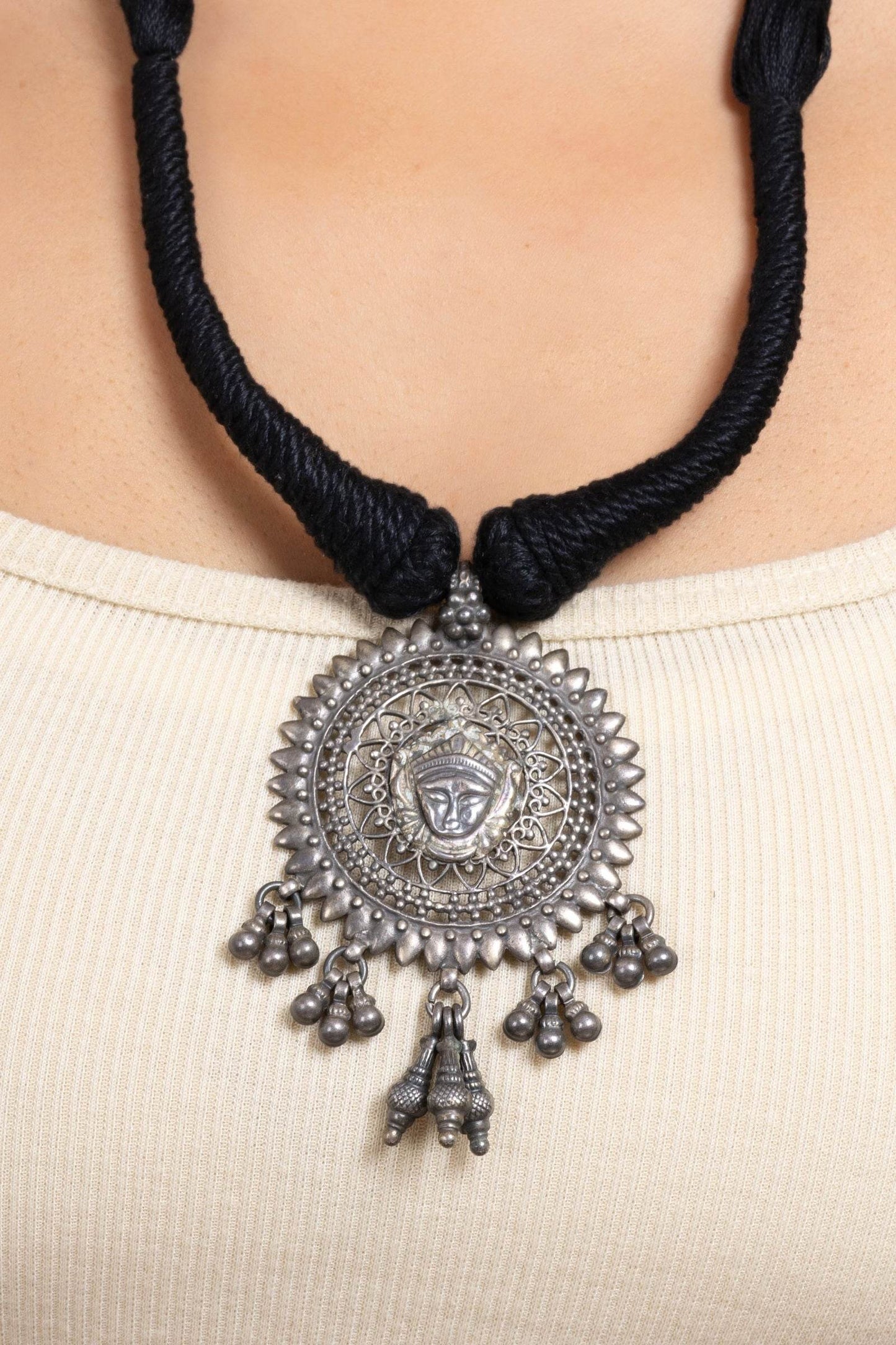 Handcrafted 925 Pure Silver Devi Durga Pendant Necklace with Adjustable Black Dori - Elegant Jewelry - Lookandadorn.com