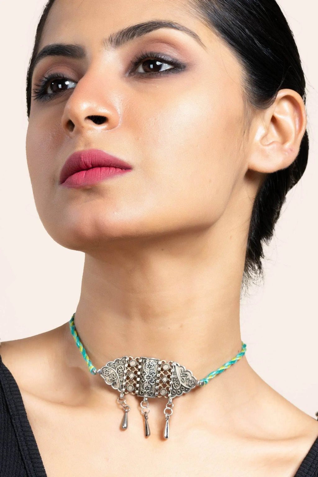 Handcrafted Green Turquoise Thread with German Silver Choker Necklace Jewelry for Women - Lookandadorn.com