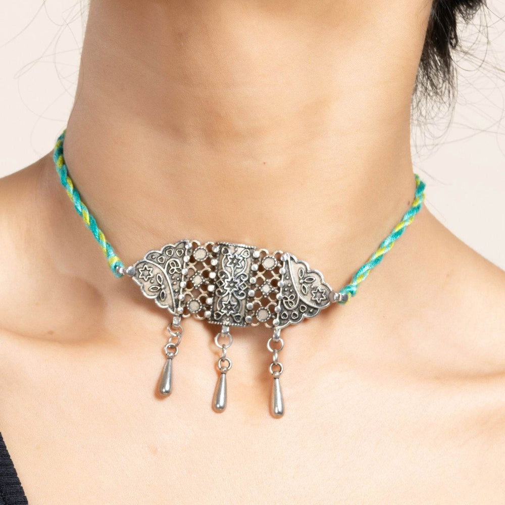 Handcrafted Green Turquoise Thread with German Silver Choker Necklace Jewelry for Women - Lookandadorn.com