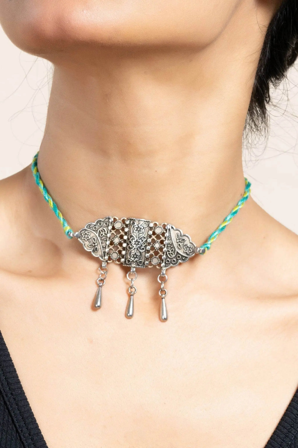 Handcrafted Green Turquoise Thread with German Silver Choker Necklace Jewelry for Women - Lookandadorn.com
