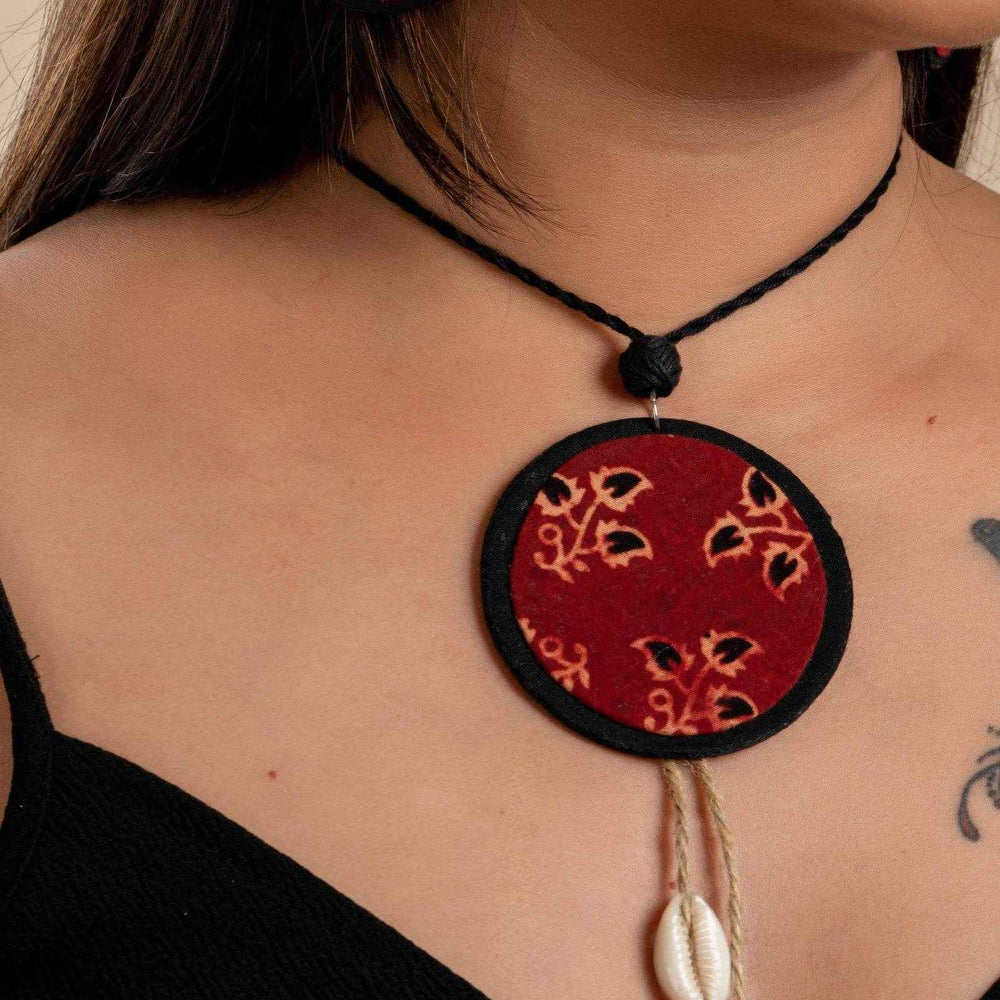 Handmade Fabric Lightweight Ajrakh Cotton Neckpiece Jewelry Set with Adjustable Dori & Earrings - Lookandadorn.com