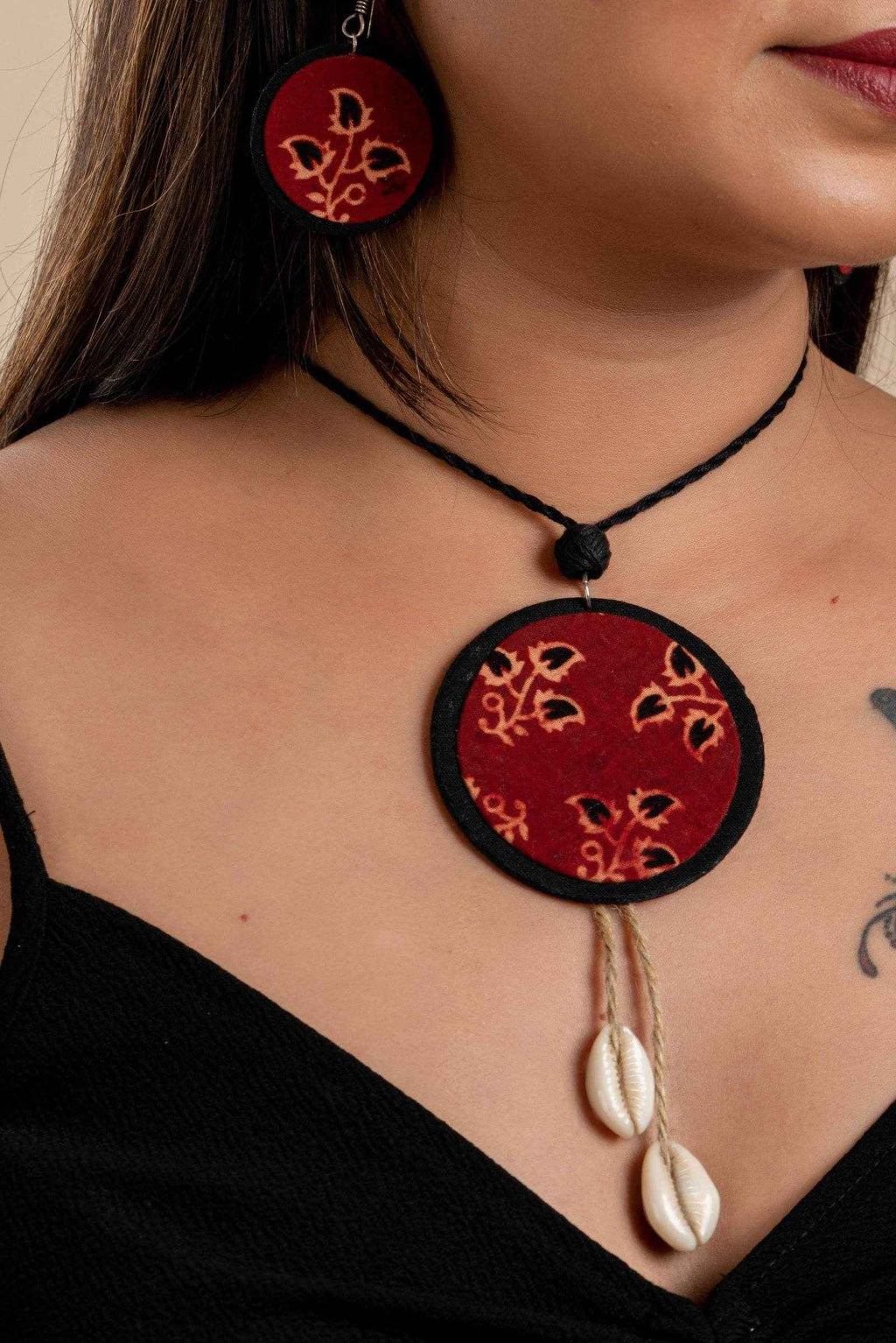 Handmade Fabric Lightweight Ajrakh Cotton Neckpiece Jewelry Set with Adjustable Dori & Earrings - Lookandadorn.com