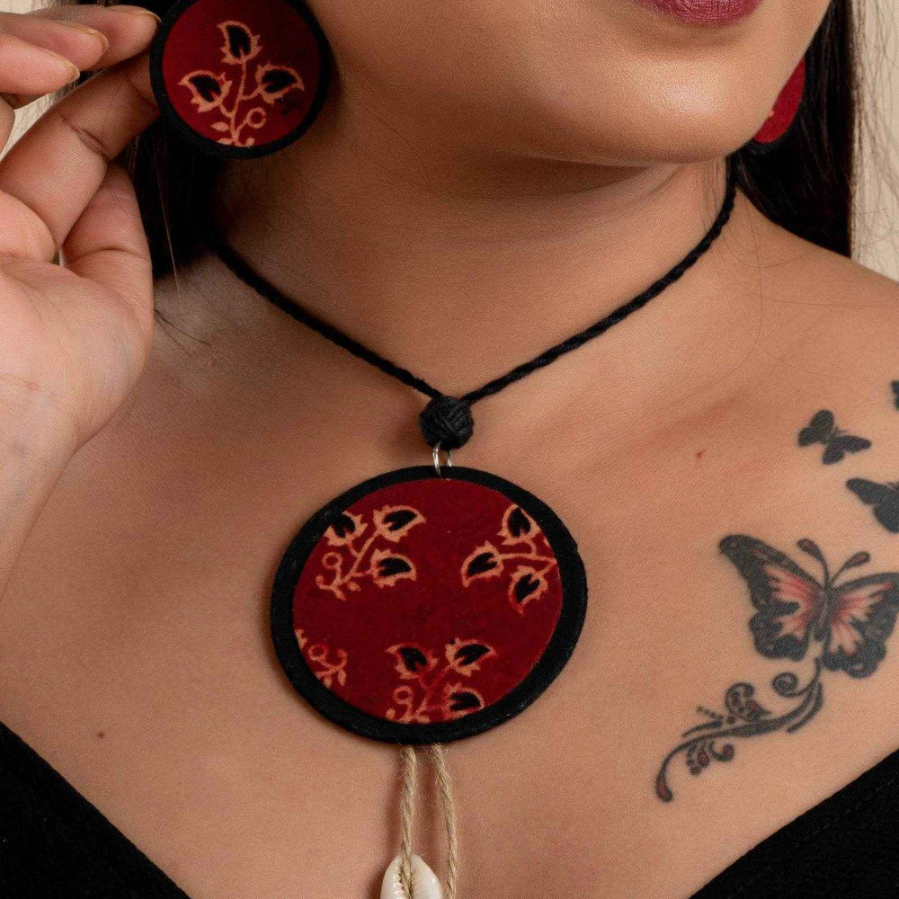 Handmade Fabric Lightweight Ajrakh Cotton Neckpiece Jewelry Set with Adjustable Dori & Earrings - Lookandadorn.com