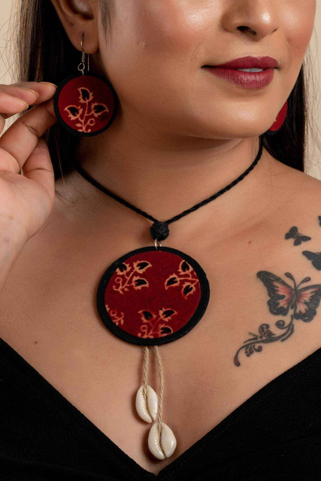 Handmade Fabric Lightweight Ajrakh Cotton Neckpiece Jewelry Set with Adjustable Dori & Earrings - Lookandadorn.com