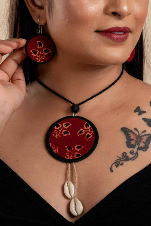 Handmade Fabric Lightweight Ajrakh Cotton Neckpiece Jewelry Set with Adjustable Dori & Earrings - Lookandadorn.com