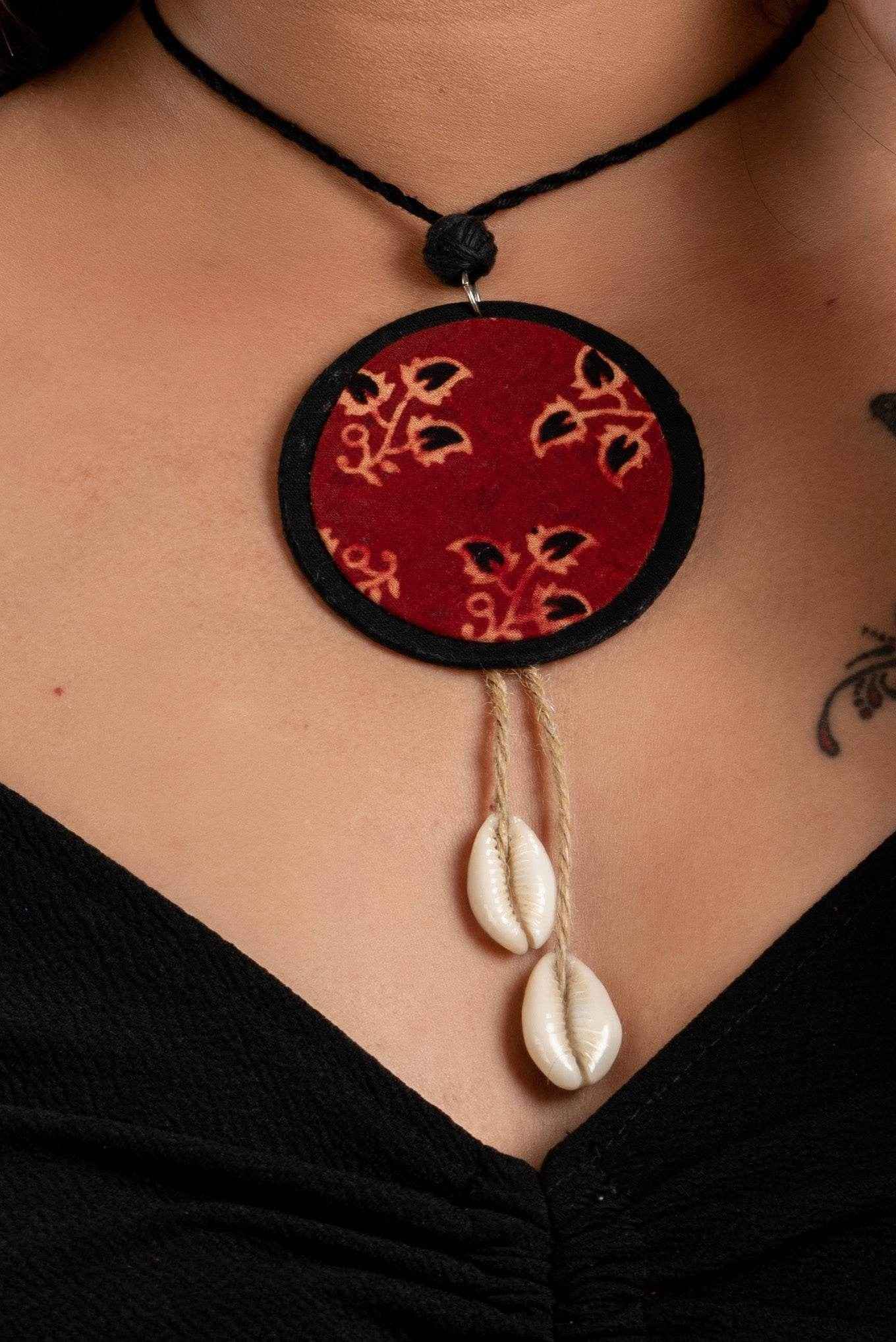 Handmade Fabric Lightweight Ajrakh Cotton Neckpiece Jewelry Set with Adjustable Dori & Earrings - Lookandadorn.com