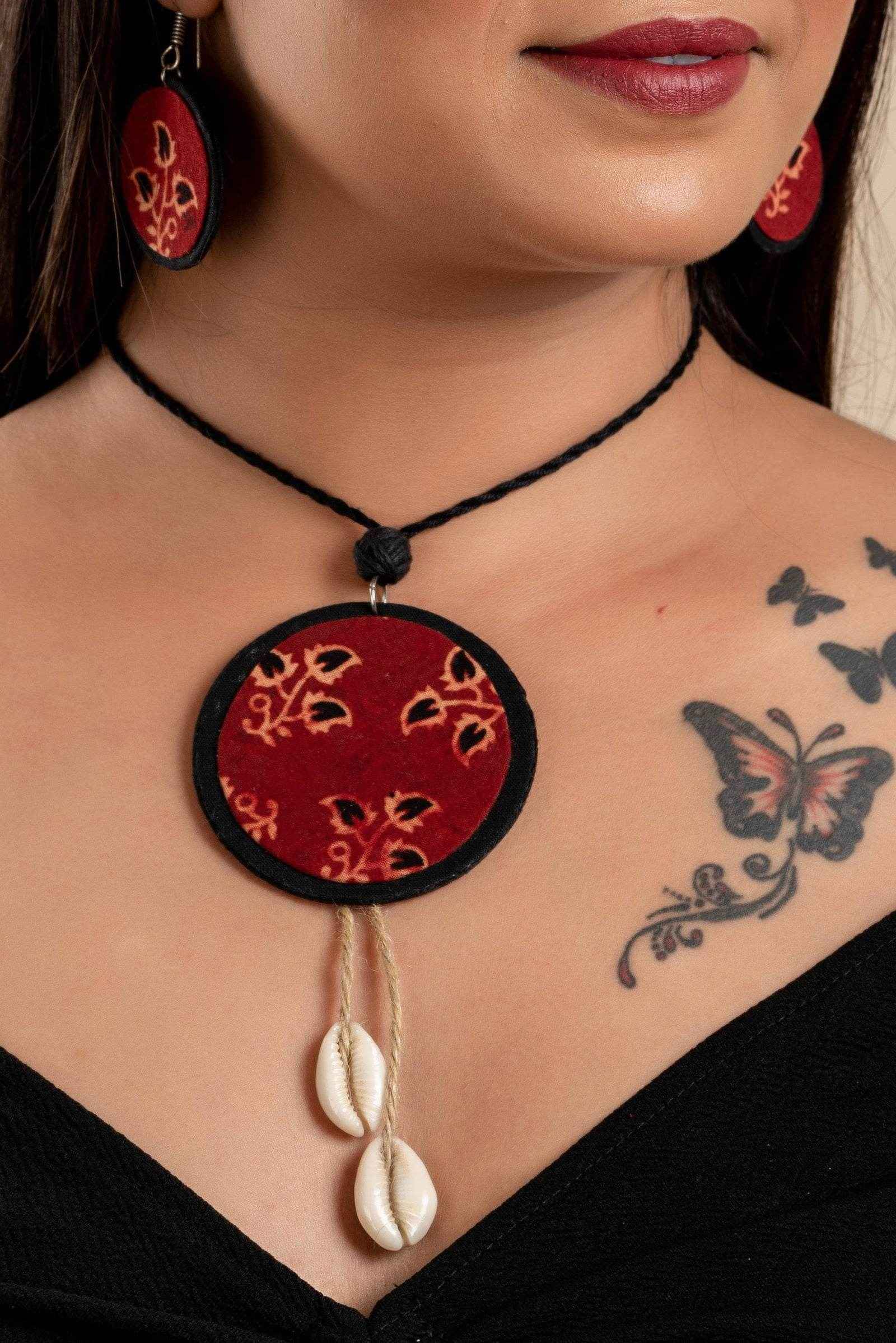 Handmade Fabric Lightweight Ajrakh Cotton Neckpiece Jewelry Set with Adjustable Dori & Earrings - Lookandadorn.com