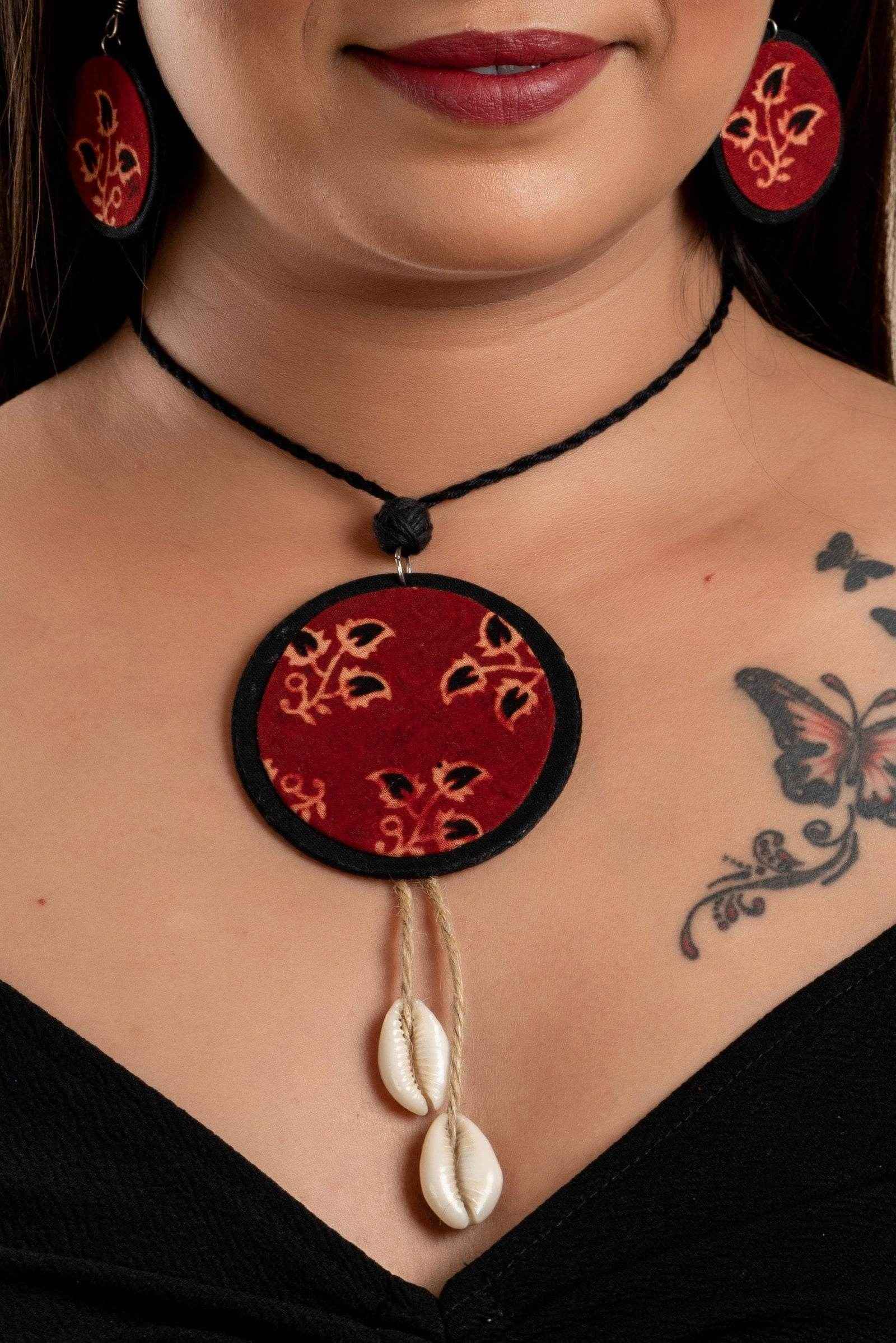 Handmade Fabric Lightweight Ajrakh Cotton Neckpiece Jewelry Set with Adjustable Dori & Earrings - Lookandadorn.com