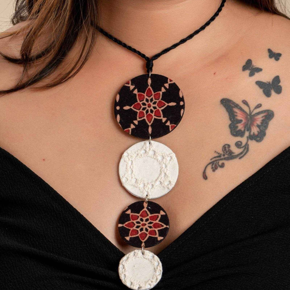 Handcrafted Fabric Necklace - Lightweight Brown Black Ajrakh Hakoba Design with Adjustable Dori for Women - Lookandadorn.com