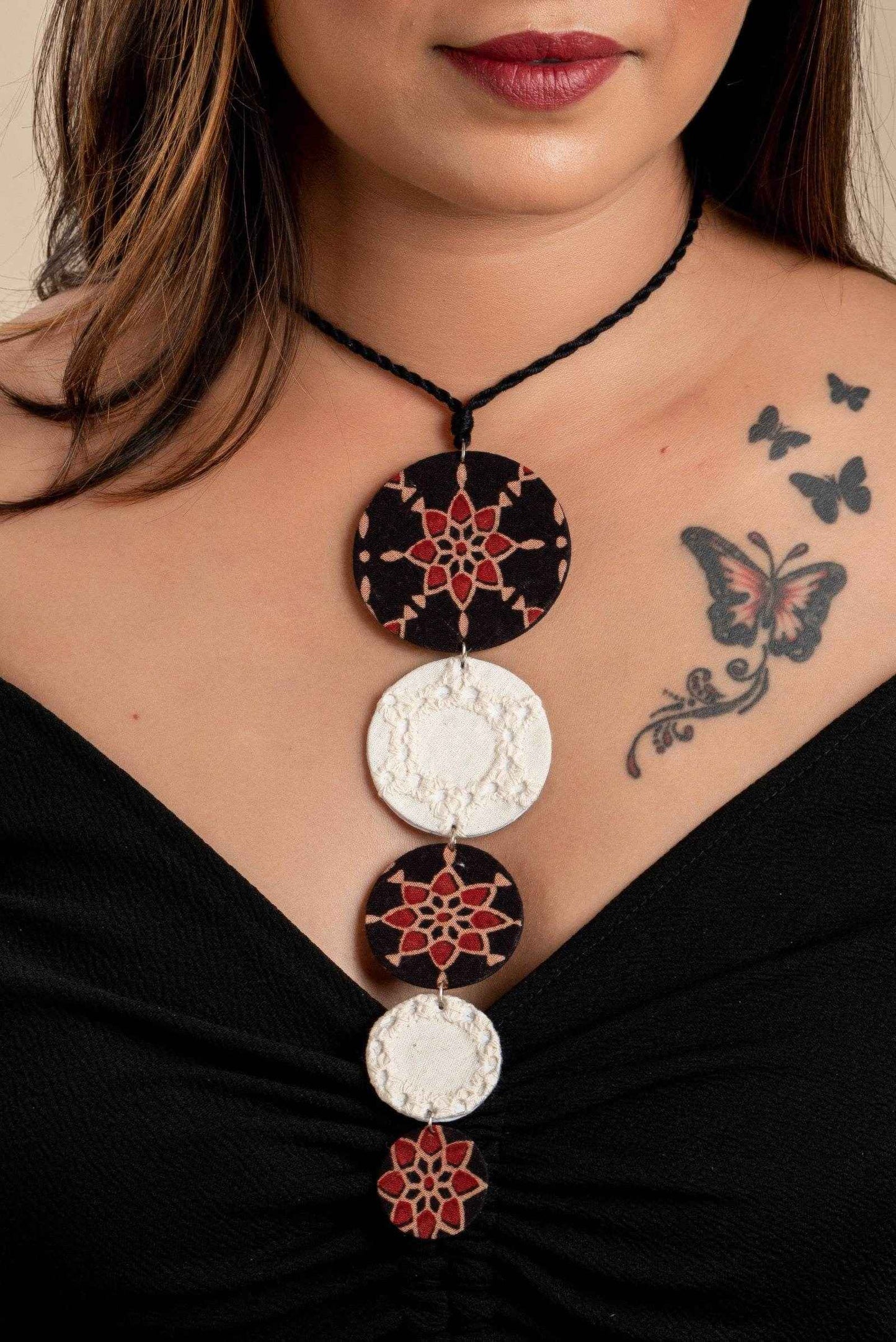 Handcrafted Fabric Necklace - Lightweight Brown Black Ajrakh Hakoba Design with Adjustable Dori for Women - Lookandadorn.com
