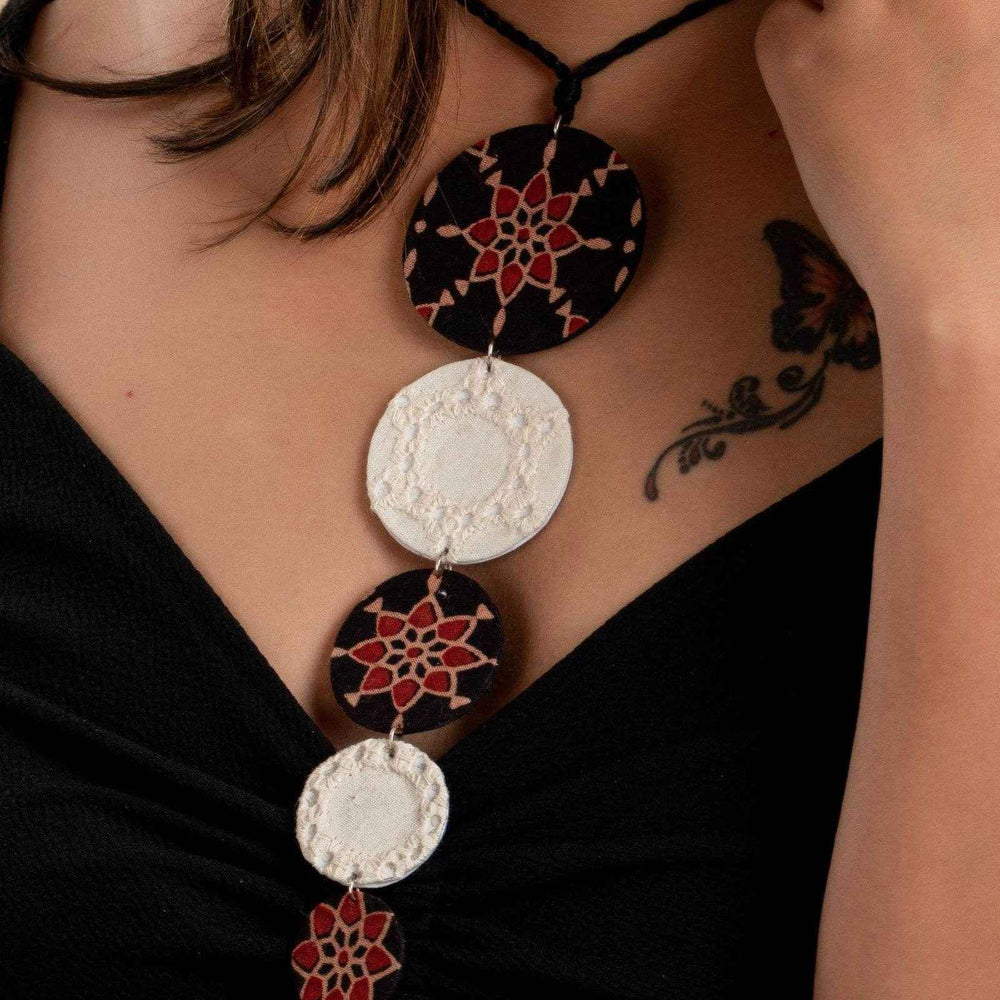Handcrafted Fabric Necklace - Lightweight Brown Black Ajrakh Hakoba Design with Adjustable Dori for Women - Lookandadorn.com