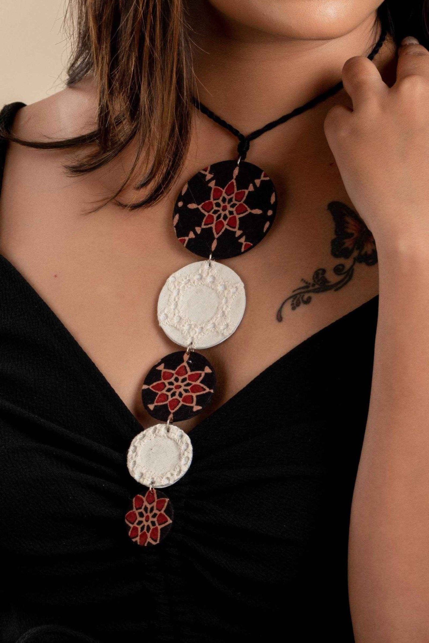 Handcrafted Fabric Necklace - Lightweight Brown Black Ajrakh Hakoba Design with Adjustable Dori for Women - Lookandadorn.com