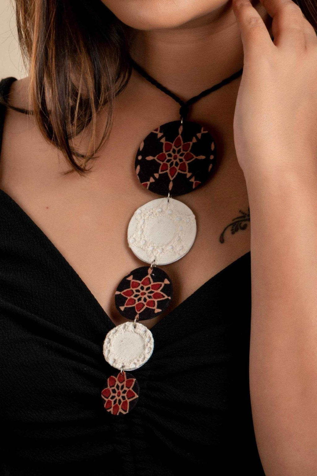 Handcrafted Fabric Necklace - Lightweight Brown Black Ajrakh Hakoba Design with Adjustable Dori for Women - Lookandadorn.com