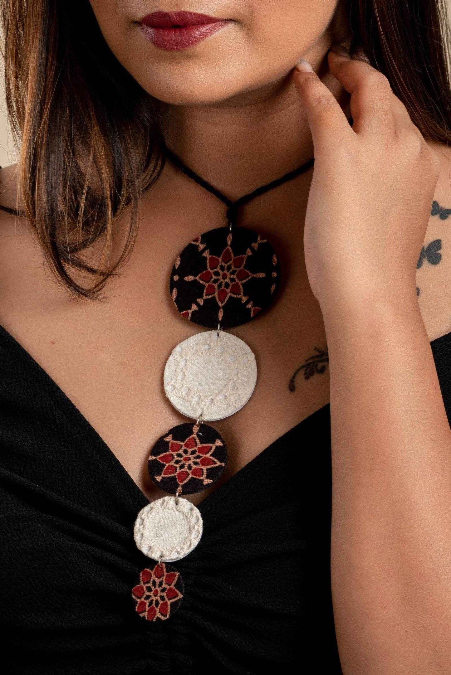 Handcrafted Fabric Necklace - Lightweight Brown Black Ajrakh Hakoba Design with Adjustable Dori for Women - Lookandadorn.com