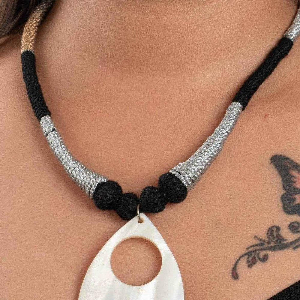 Handcrafted Mother of Pearl Drop Pendant Necklace with Black Silver Dori for Women and Girls - Lookandadorn.com