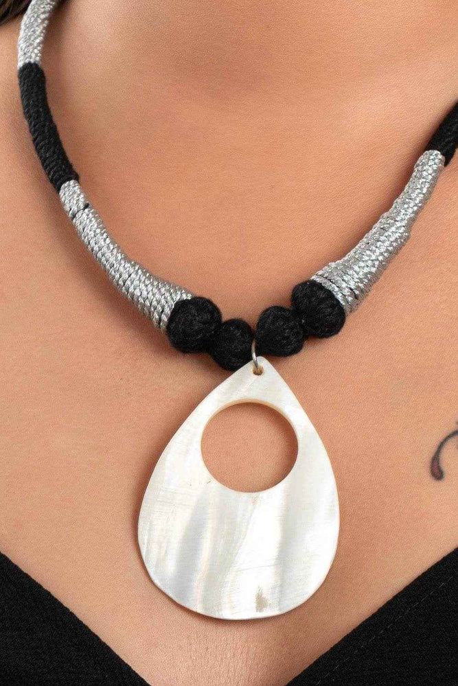 Handcrafted Mother of Pearl Drop Pendant Necklace with Black Silver Dori for Women and Girls - Lookandadorn.com