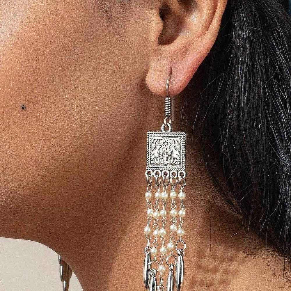 Exquisite Handmade German Silver Square Frame Dangler Design with Pearl Chain Drop Earrings - Lookandadorn.com
