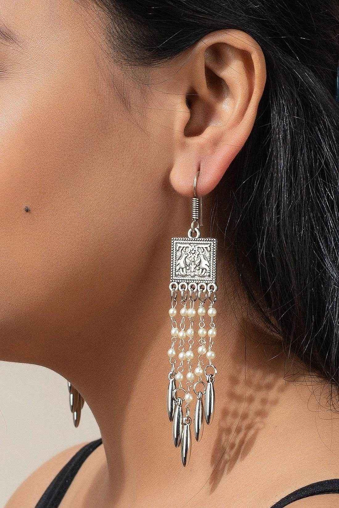 Exquisite Handmade German Silver Square Frame Dangler Design with Pearl Chain Drop Earrings - Lookandadorn.com