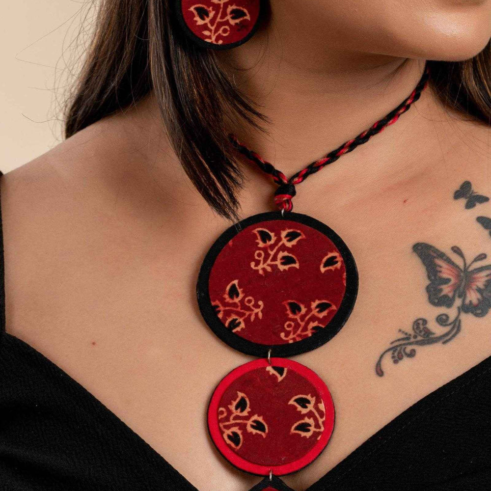 Eco-Friendly Handmade Fabric Jewelry Sets - Handcrafted Red Black Ajrakh Cotton Neckpiece with Earrings - Lookandadorn.com