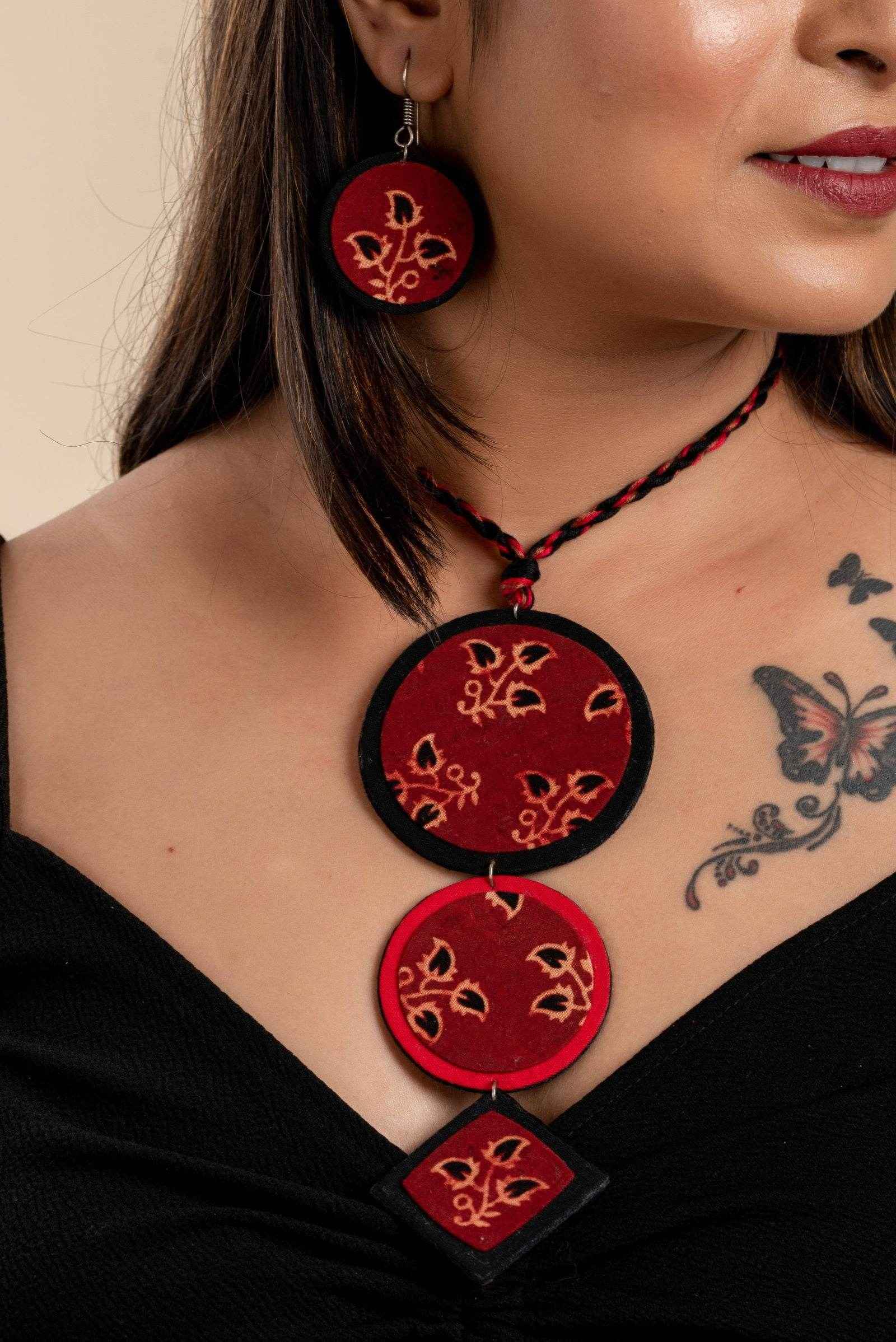 Eco-Friendly Handmade Fabric Jewelry Sets - Handcrafted Red Black Ajrakh Cotton Neckpiece with Earrings - Lookandadorn.com