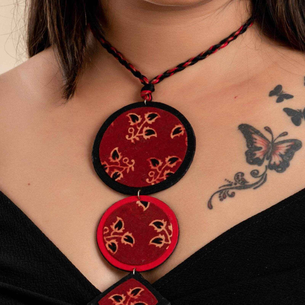 Eco-Friendly Handmade Fabric Jewelry Sets - Handcrafted Red Black Ajrakh Cotton Neckpiece with Earrings - Lookandadorn.com