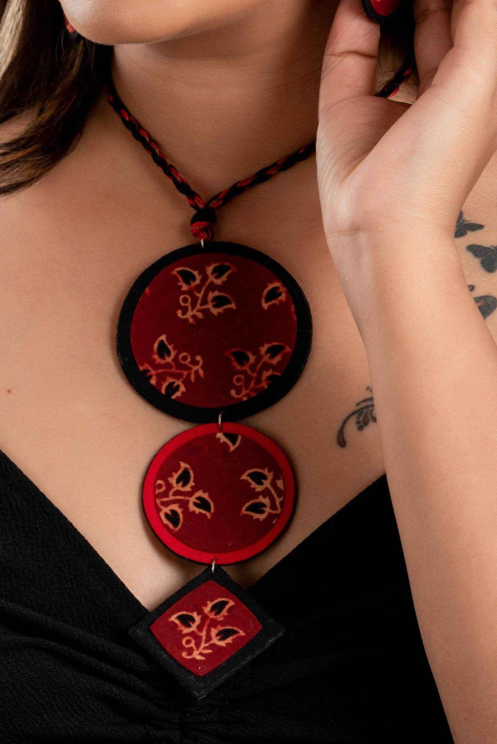 Eco-Friendly Handmade Fabric Jewelry Sets - Handcrafted Red Black Ajrakh Cotton Neckpiece with Earrings - Lookandadorn.com