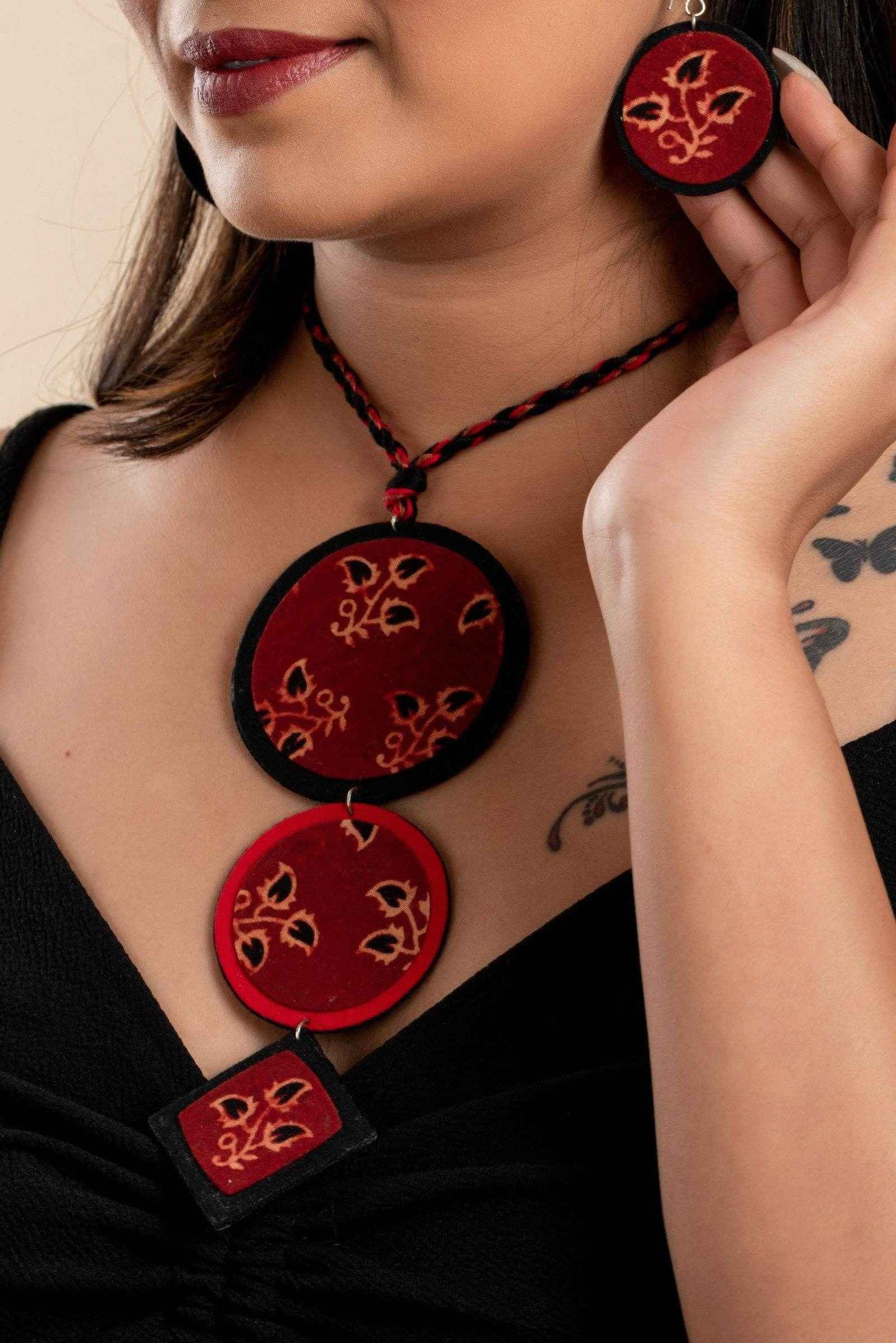 Eco-Friendly Handmade Fabric Jewelry Sets - Handcrafted Red Black Ajrakh Cotton Neckpiece with Earrings - Lookandadorn.com