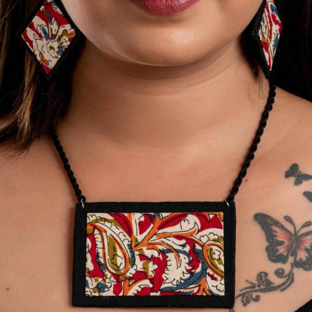 Handcrafted Red Black Kalamkari Fabric Necklace Set with Adjustable Dori and Earrings for Women - Lookandadorn.com