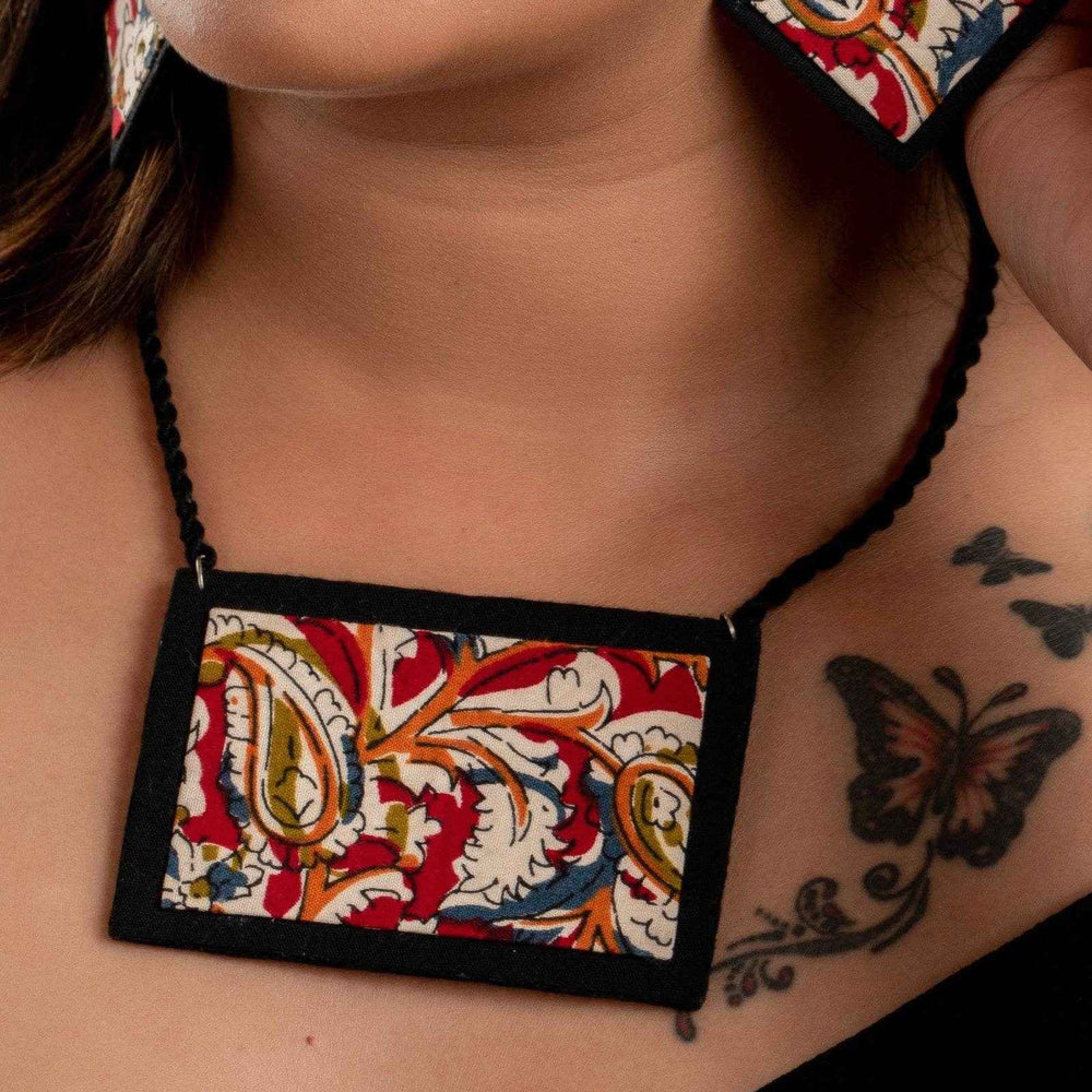 Handcrafted Red Black Kalamkari Fabric Necklace Set with Adjustable Dori and Earrings for Women - Lookandadorn.com