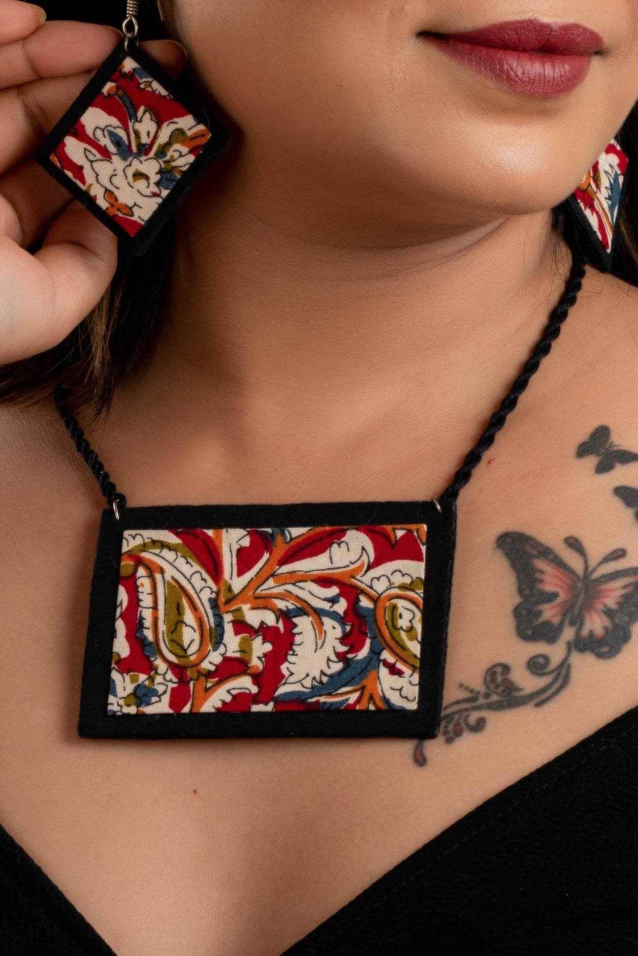 Handcrafted Red Black Kalamkari Fabric Necklace Set with Adjustable Dori and Earrings for Women - Lookandadorn.com