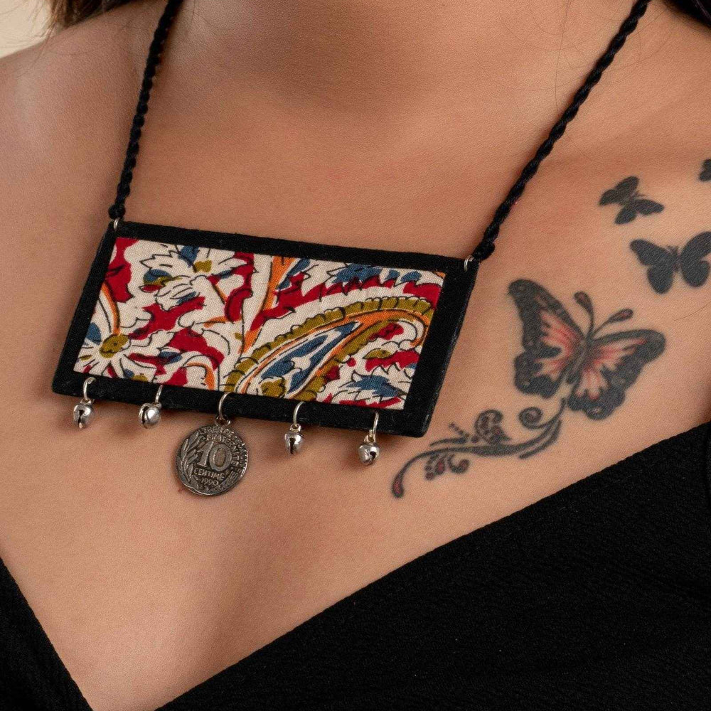 Handcrafted Red Black Kalamkari Fabric Neckpiece Set with Oxidized Silver Coin Ghungroo and Earrings - Lookandadorn.com