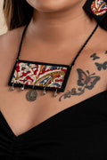 Handcrafted Red Black Kalamkari Fabric Neckpiece Set with Oxidized Silver Coin Ghungroo and Earrings - Lookandadorn.com