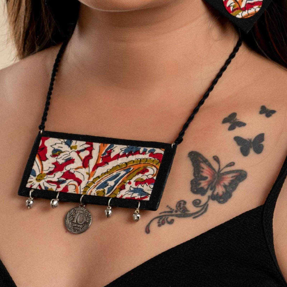 Handcrafted Red Black Kalamkari Fabric Neckpiece Set with Oxidized Silver Coin Ghungroo and Earrings - Lookandadorn.com