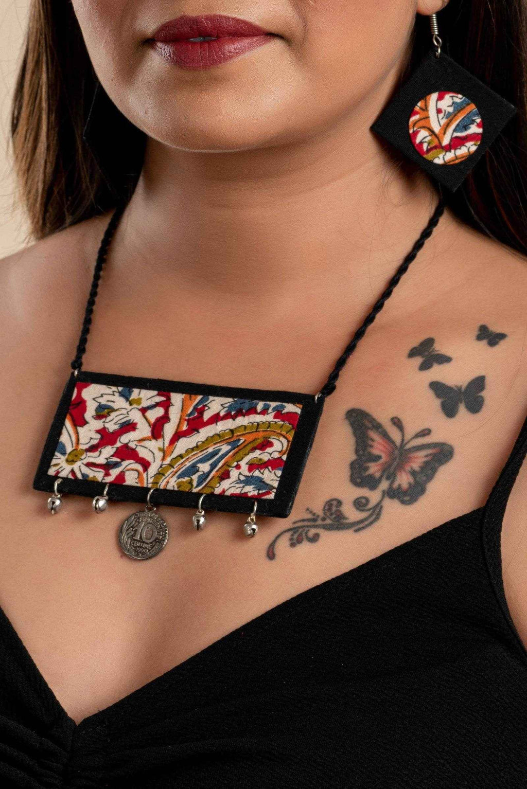 Handcrafted Red Black Kalamkari Fabric Neckpiece Set with Oxidized Silver Coin Ghungroo and Earrings - Lookandadorn.com