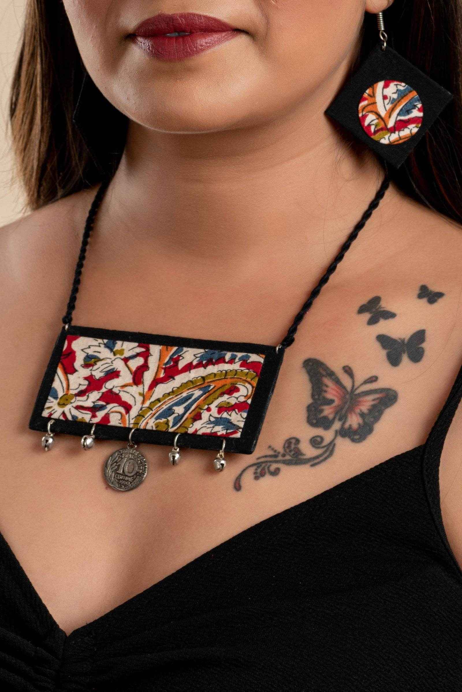 Handcrafted Red Black Kalamkari Fabric Neckpiece Set with Oxidized Silver Coin Ghungroo and Earrings - Lookandadorn.com