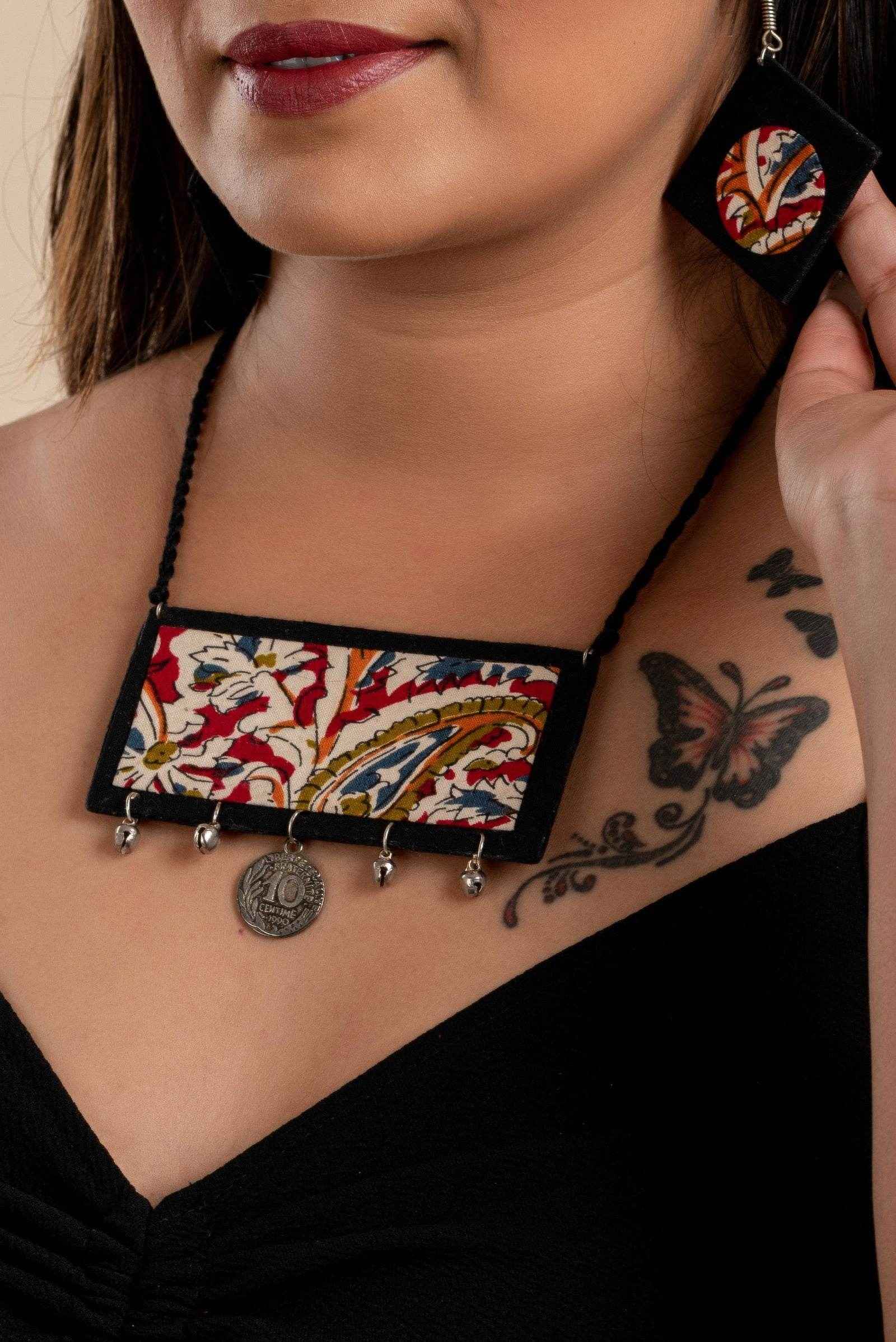Handcrafted Red Black Kalamkari Fabric Neckpiece Set with Oxidized Silver Coin Ghungroo and Earrings - Lookandadorn.com