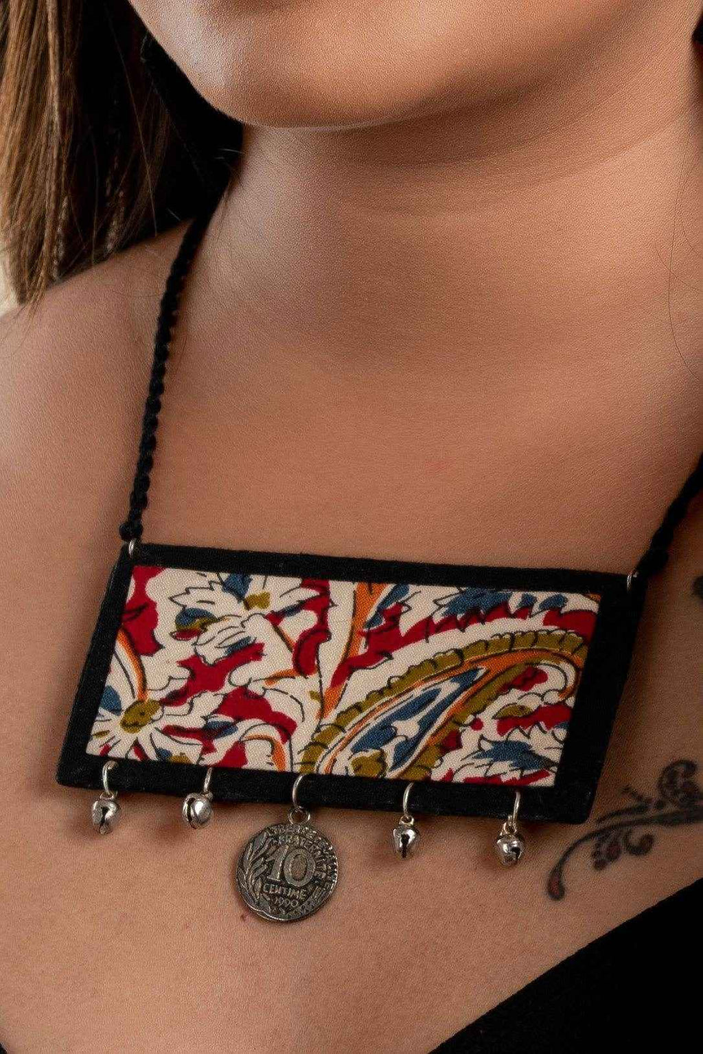 Handcrafted Red Black Kalamkari Fabric Neckpiece Set with Oxidized Silver Coin Ghungroo and Earrings - Lookandadorn.com