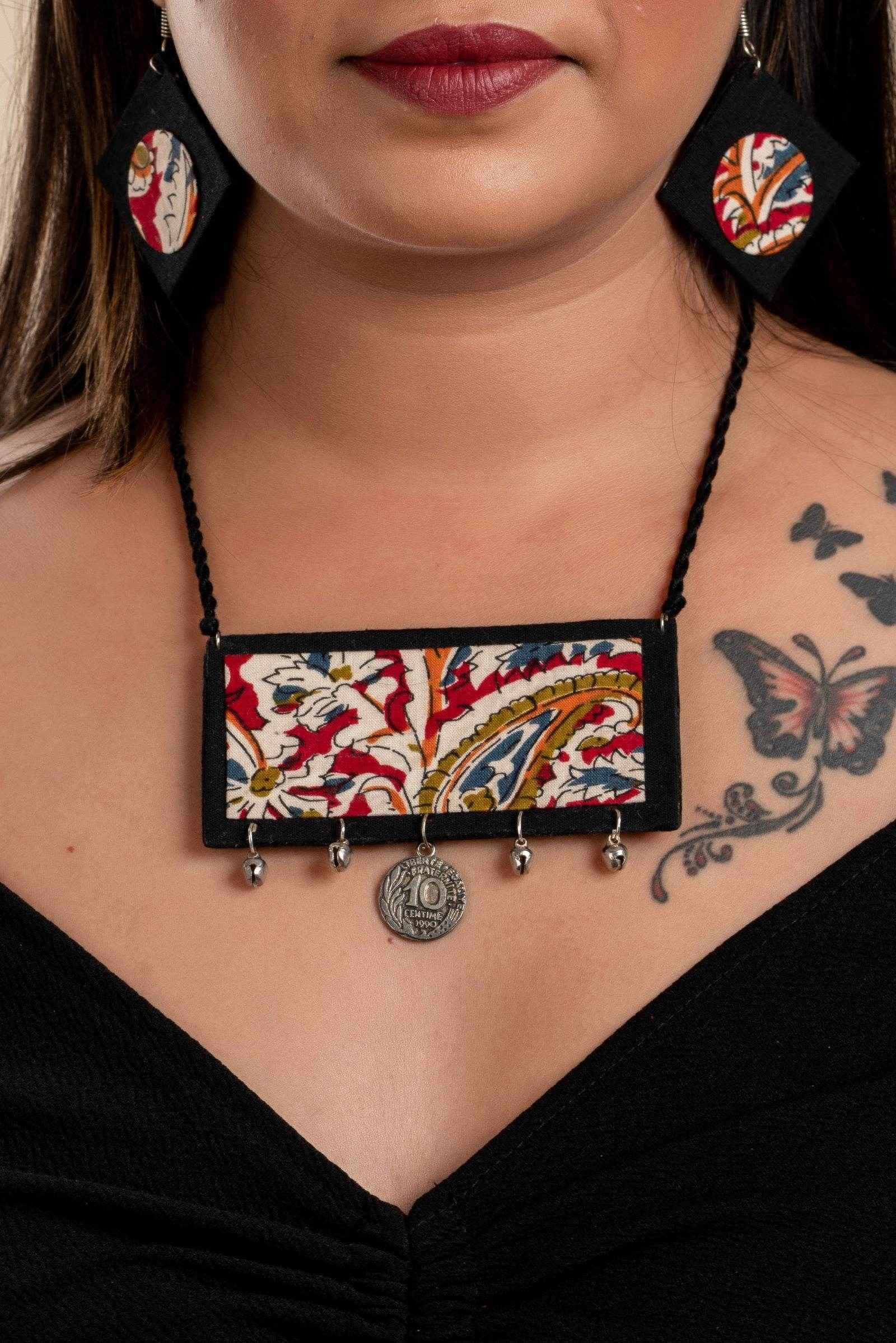 Handcrafted Red Black Kalamkari Fabric Neckpiece Set with Oxidized Silver Coin Ghungroo and Earrings - Lookandadorn.com
