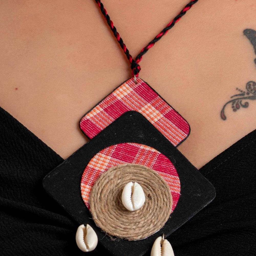 Handcrafted Red and Black Gamcha Fabric Neckpiece Jewelry Set: Adjustable Dori with Earrings for Women - Lookandadorn.com