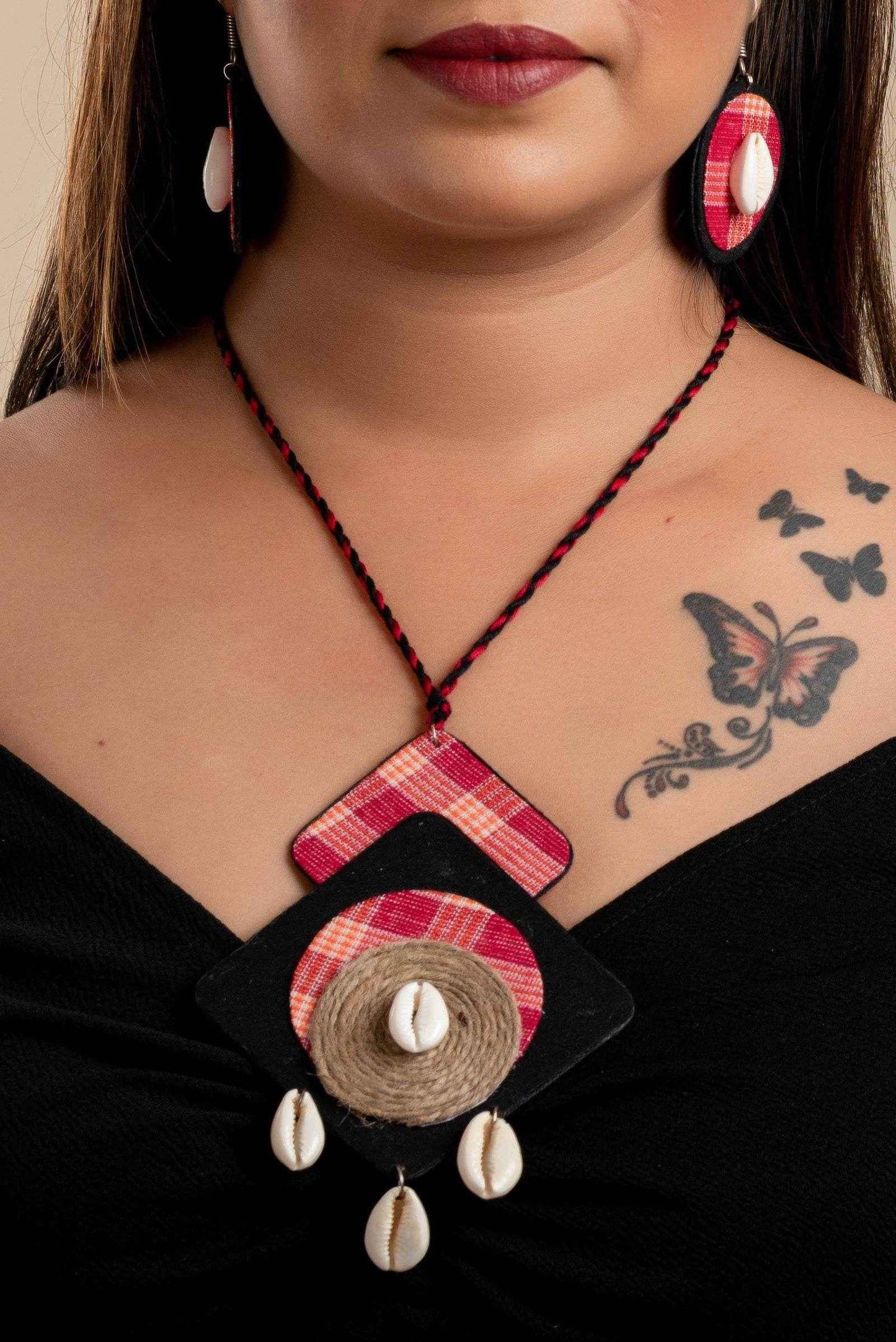 Handcrafted Red and Black Gamcha Fabric Neckpiece Jewelry Set: Adjustable Dori with Earrings for Women - Lookandadorn.com
