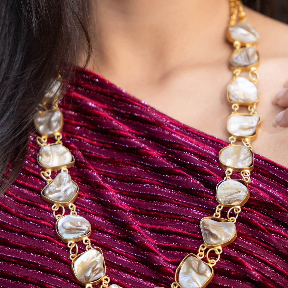 Semi Precious Mother of Pearl Statement Necklace - Elegant Brass Accents for Women - Lookandadorn.com