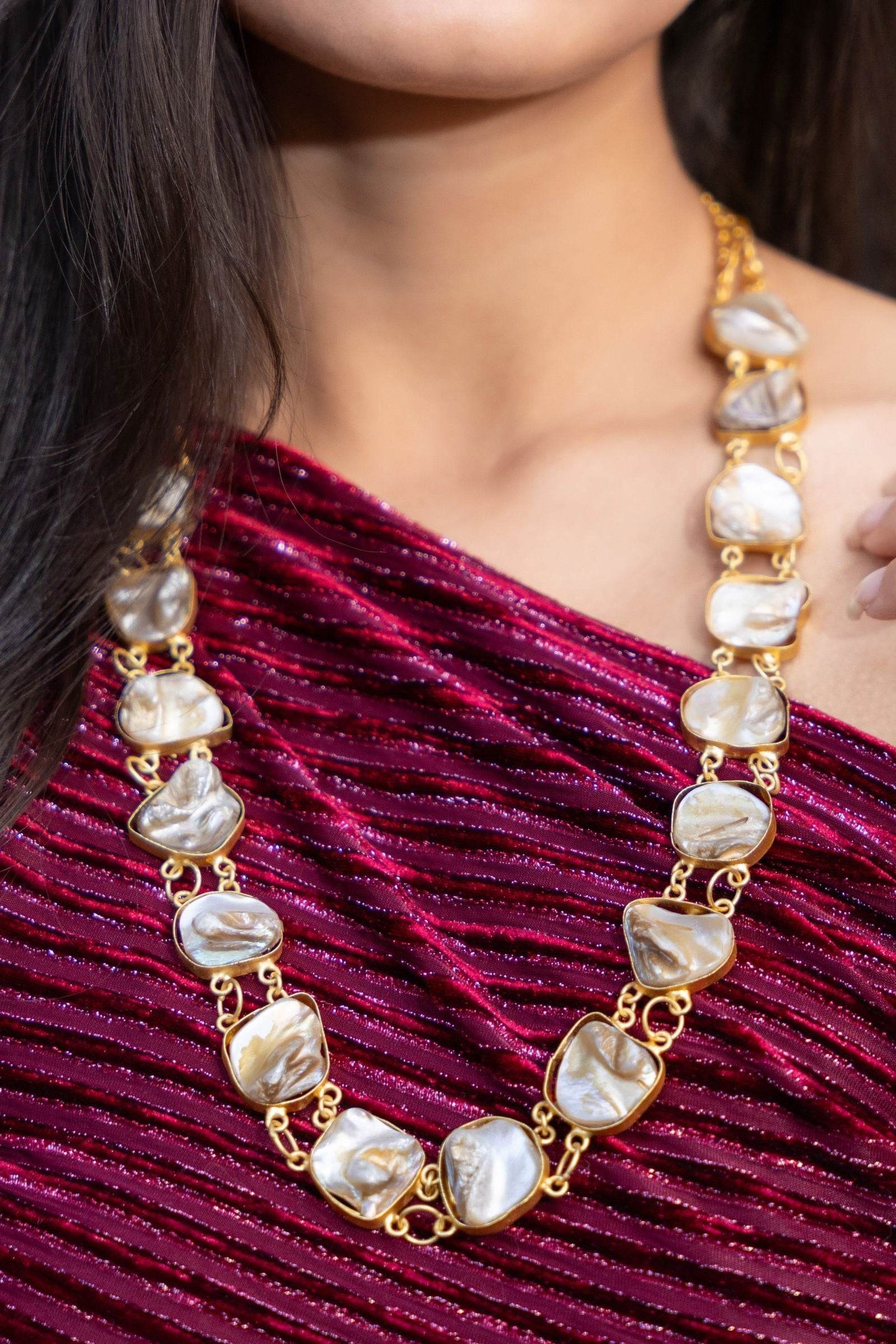 Semi Precious Mother of Pearl Statement Necklace - Elegant Brass Accents for Women - Lookandadorn.com