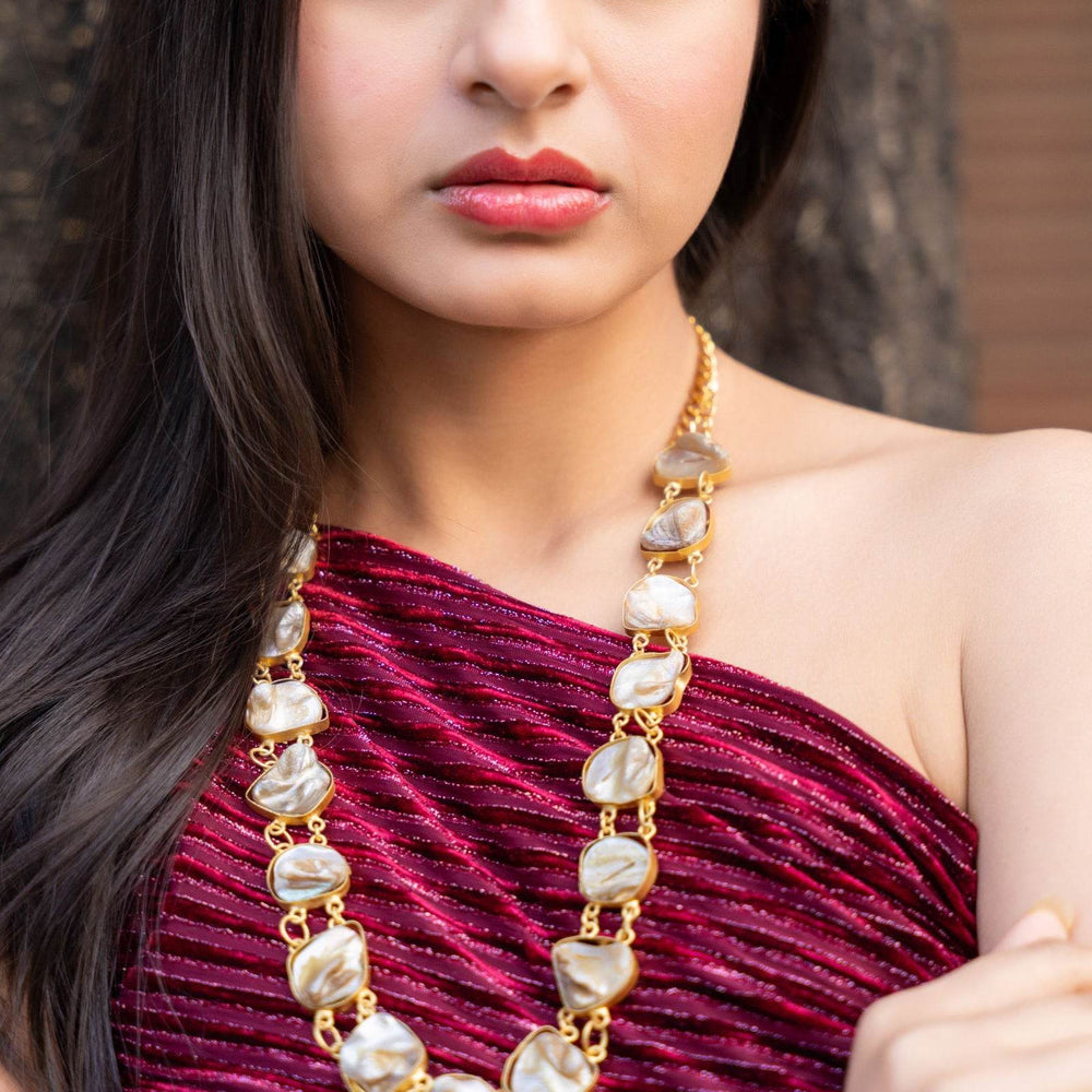 Semi Precious Mother of Pearl Statement Necklace - Elegant Brass Accents for Women - Lookandadorn.com
