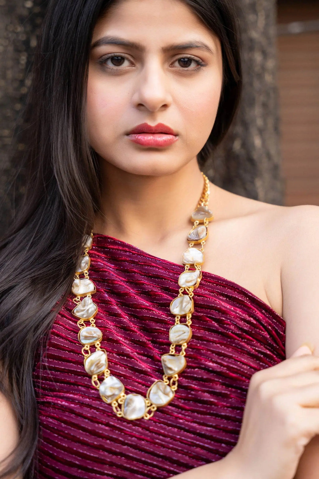 Semi Precious Mother of Pearl Statement Necklace - Elegant Brass Accents for Women - Lookandadorn.com