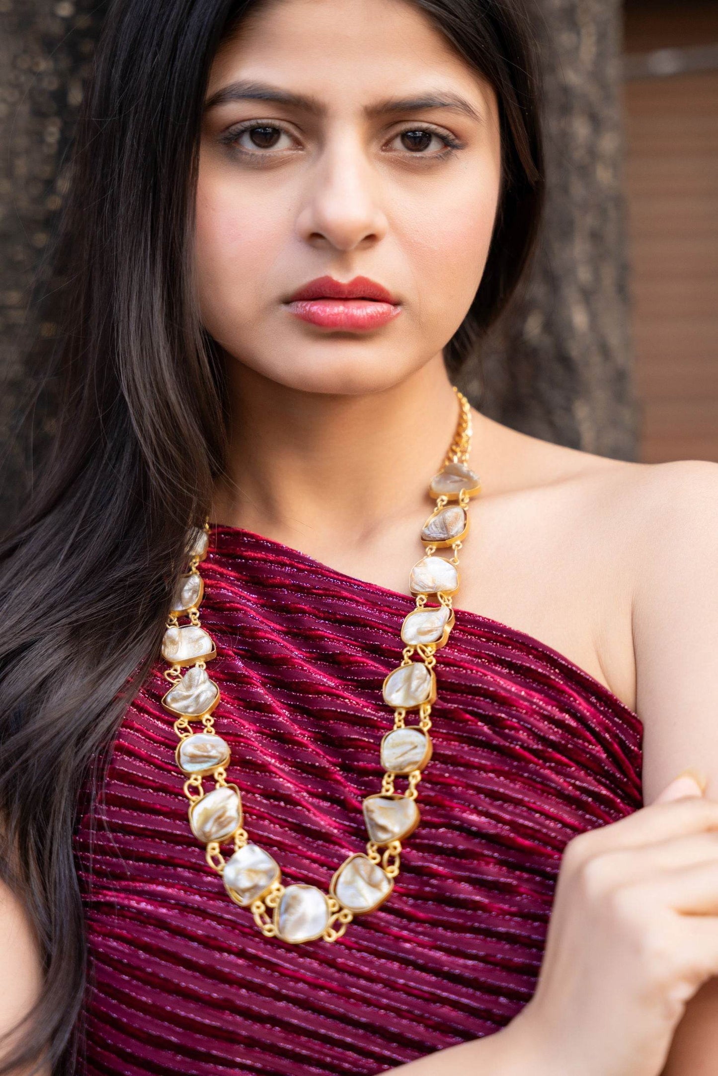 Semi Precious Mother of Pearl Statement Necklace - Elegant Brass Accents for Women - Lookandadorn.com