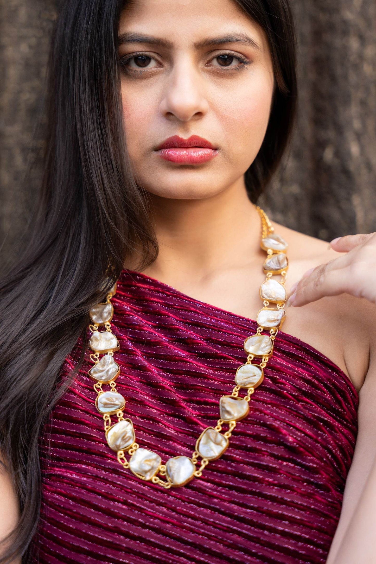 Semi Precious Mother of Pearl Statement Necklace - Elegant Brass Accents for Women - Lookandadorn.com