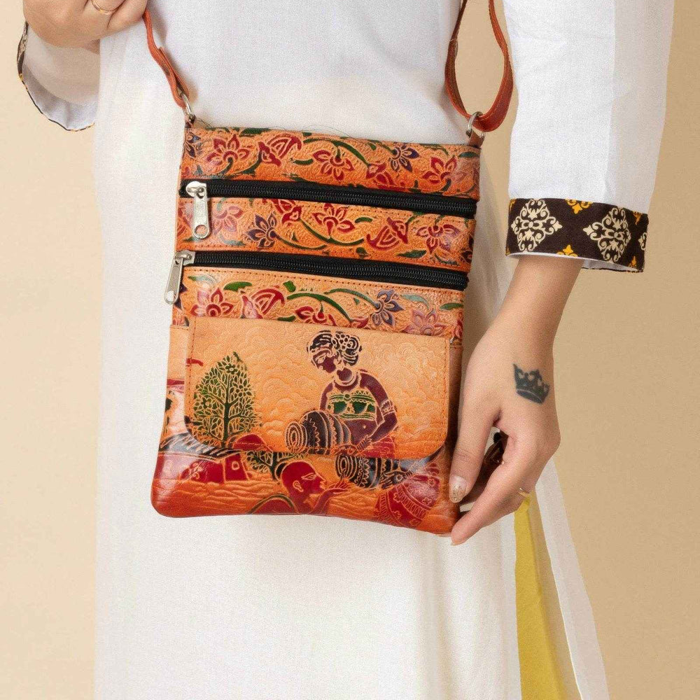 Handcrafted Shantiniketan Brown Leather Crossbody Sling Bag with 4 Compartments for Women (9x7) - Lookandadorn.com