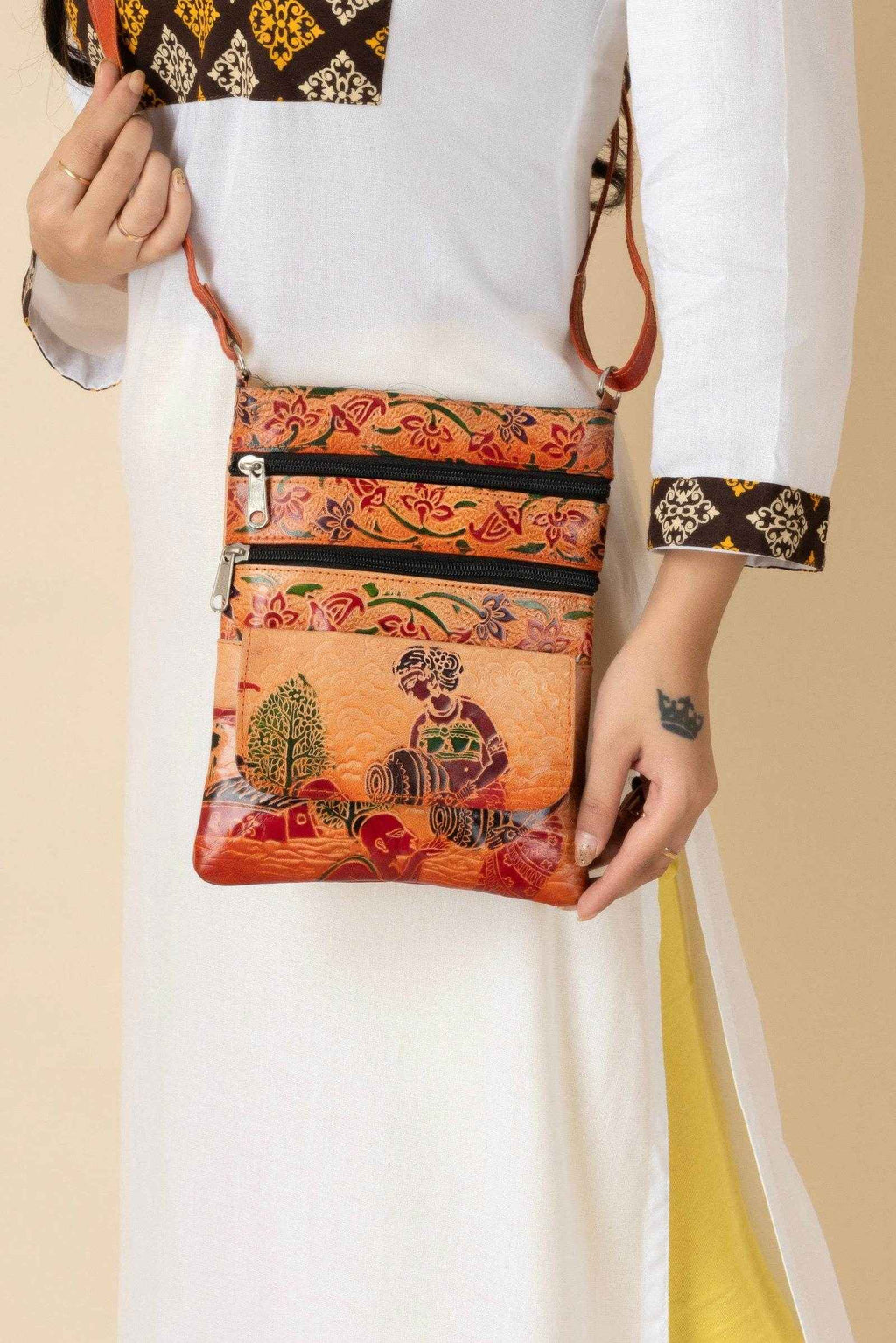 Handcrafted Shantiniketan Brown Leather Crossbody Sling Bag with 4 Compartments for Women (9x7) - Lookandadorn.com