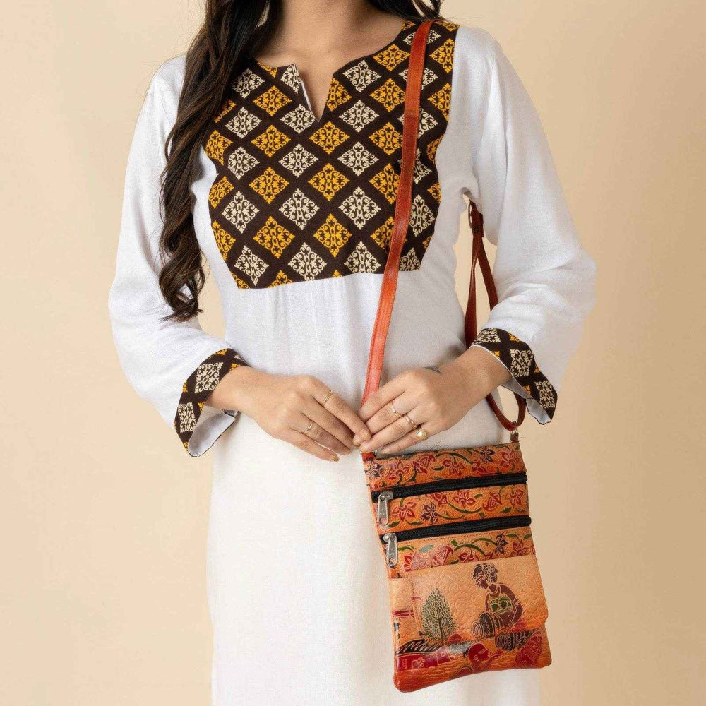 Handcrafted Shantiniketan Brown Leather Crossbody Sling Bag with 4 Compartments for Women (9x7) - Lookandadorn.com