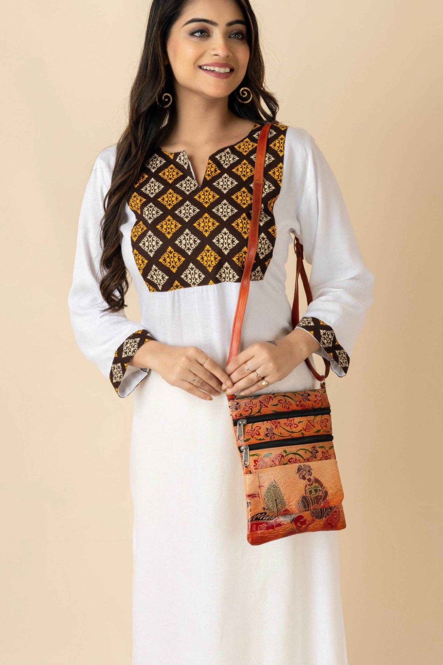 Handcrafted Shantiniketan Brown Leather Crossbody Sling Bag with 4 Compartments for Women (9x7) - Lookandadorn.com